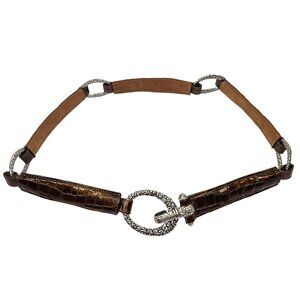 Brighton Brown Croc Embossed Leather Silver Tone Scroll Ring Concho Style Belt